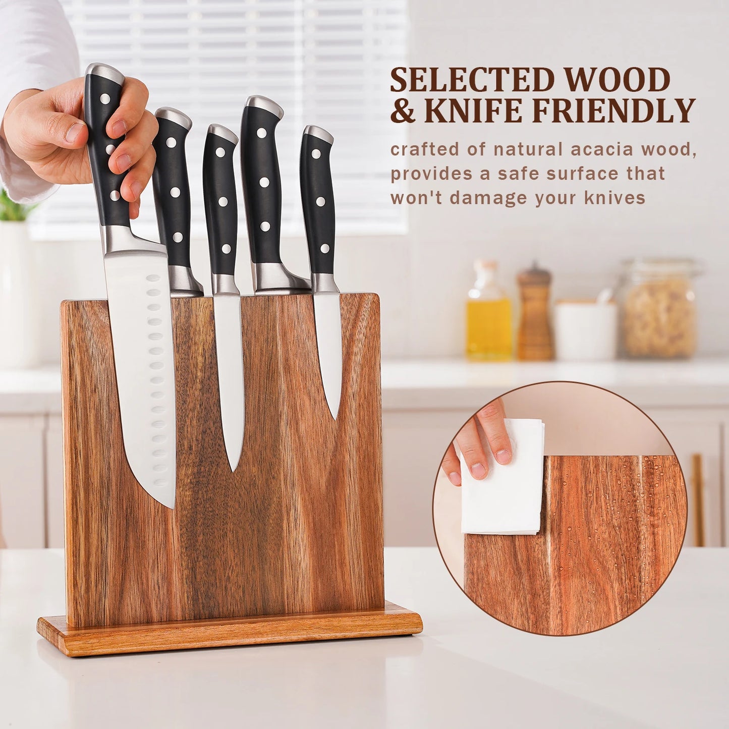 Acacia Wood Magnetic Knife Block – Strong Magnet Knife Holder Stand for Kitchen