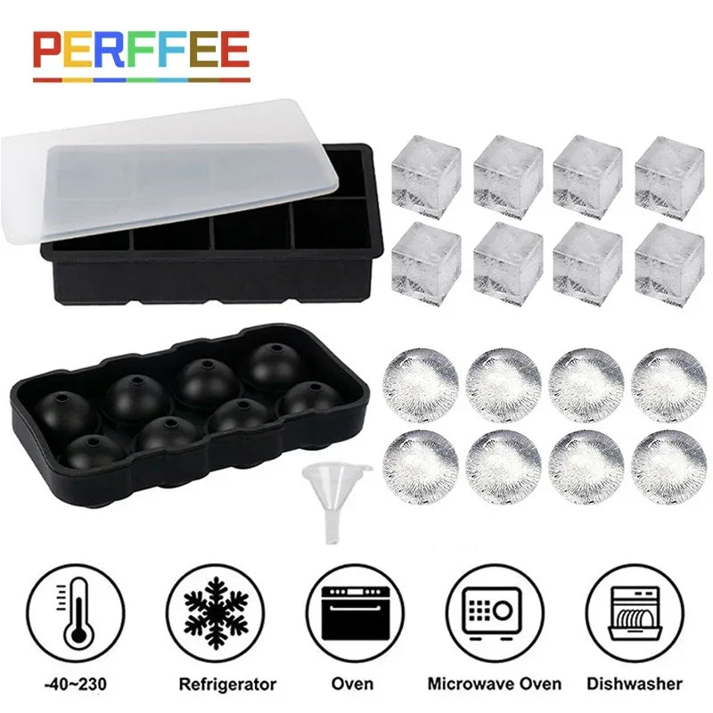 4/6/8 Grid Silicone Ice Cube Molds – Square & Ice Ball Tray with Lid for Whiskey & Drinks