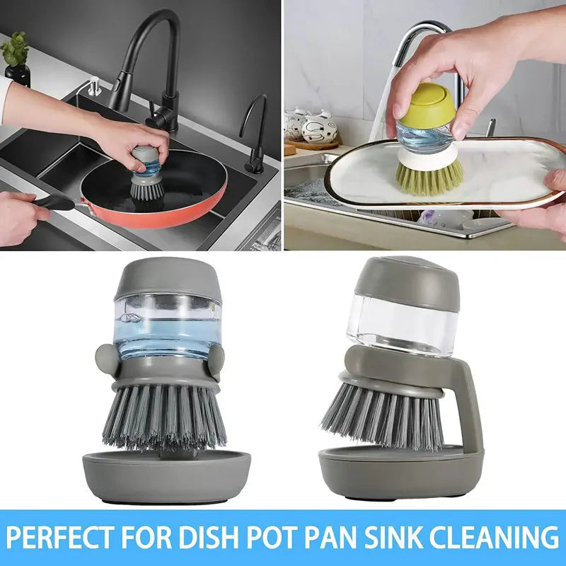 Dish Brush with Soap Dispenser – Multi-Use Scrub Brush for Kitchen & Household, Palm-Sized with Tray