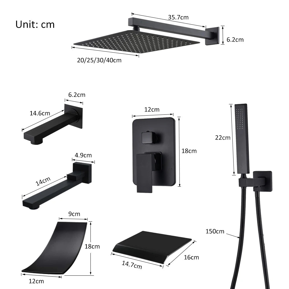 Black Concealed Shower System – Rainfall Waterfall Bathroom Faucet Set with Tub Spout