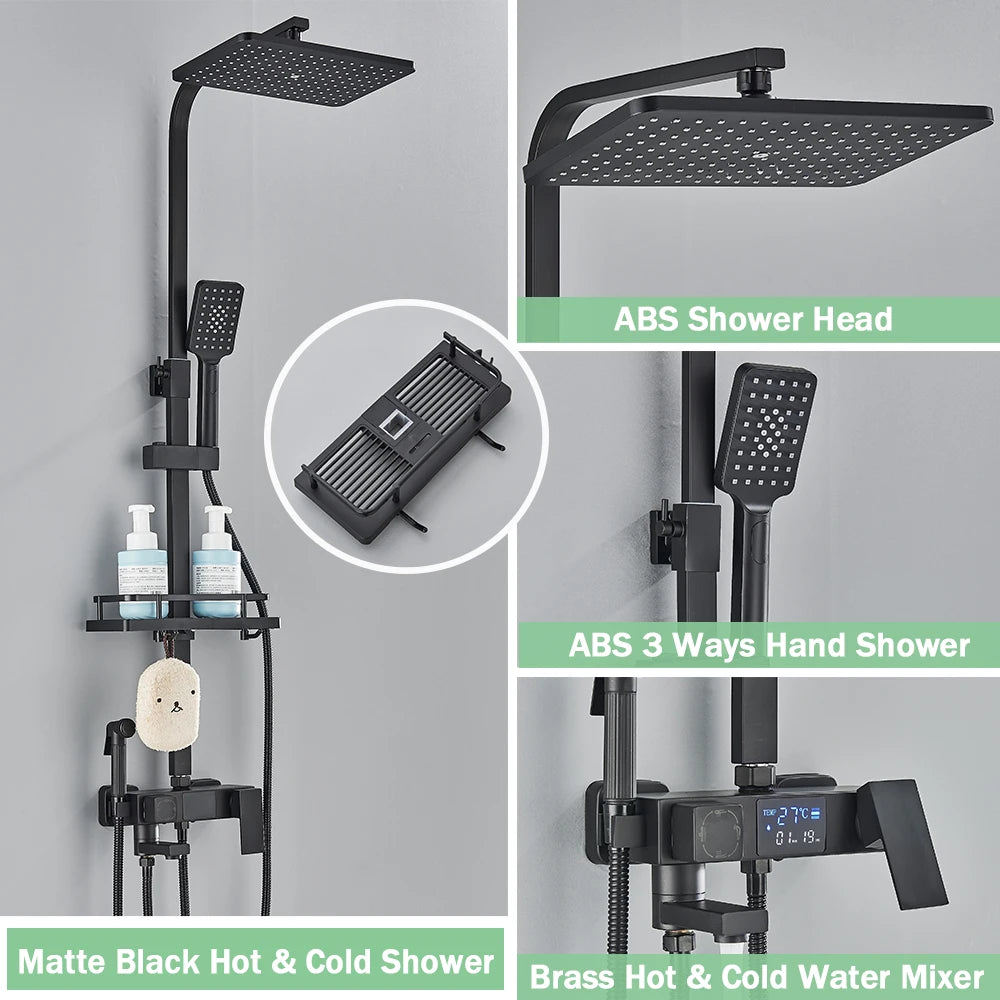 Black Digital Display Thermostatic Shower Faucet – 4-Way Rainfall Shower Mixer with Shelf & Bidet Faucets
