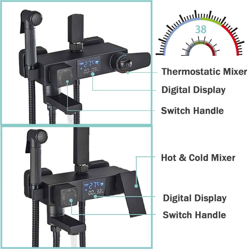Black Digital Display Thermostatic Shower Faucet – 4-Way Rainfall Shower Mixer with Shelf & Bidet Faucets