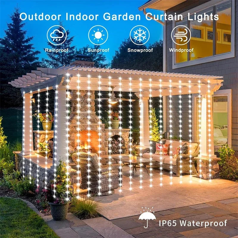 Outdoor Solar Curtain Lights – 3x3M 300LED Garland with 8 Modes for Holiday, Halloween & Christmas Decor