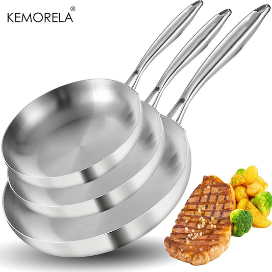 304 Stainless Steel Non-Stick Frying Pan Set (2–3 PCS) – 5-Ply Cooking Wok Pans 22–28cm