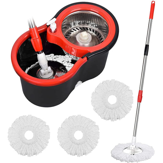 360° Spin Mop & Bucket Set – Wring System with 3 Microfiber Heads, Stainless Steel Basket & 61″ Extended Handle
