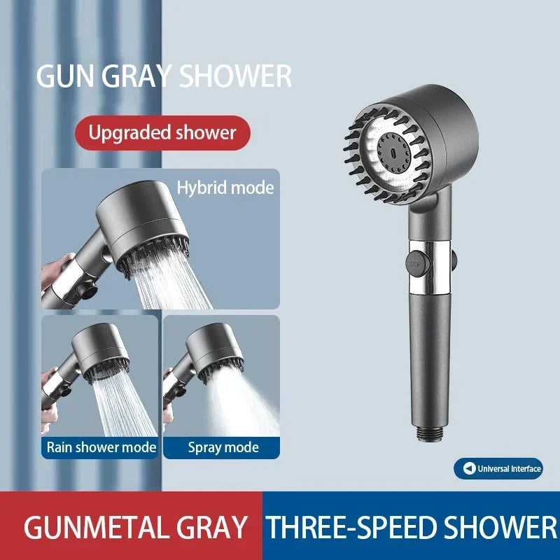 High-Pressure Filter Shower Head – 3-Mode Adjustable Spray with Massage Brush for Bathroom