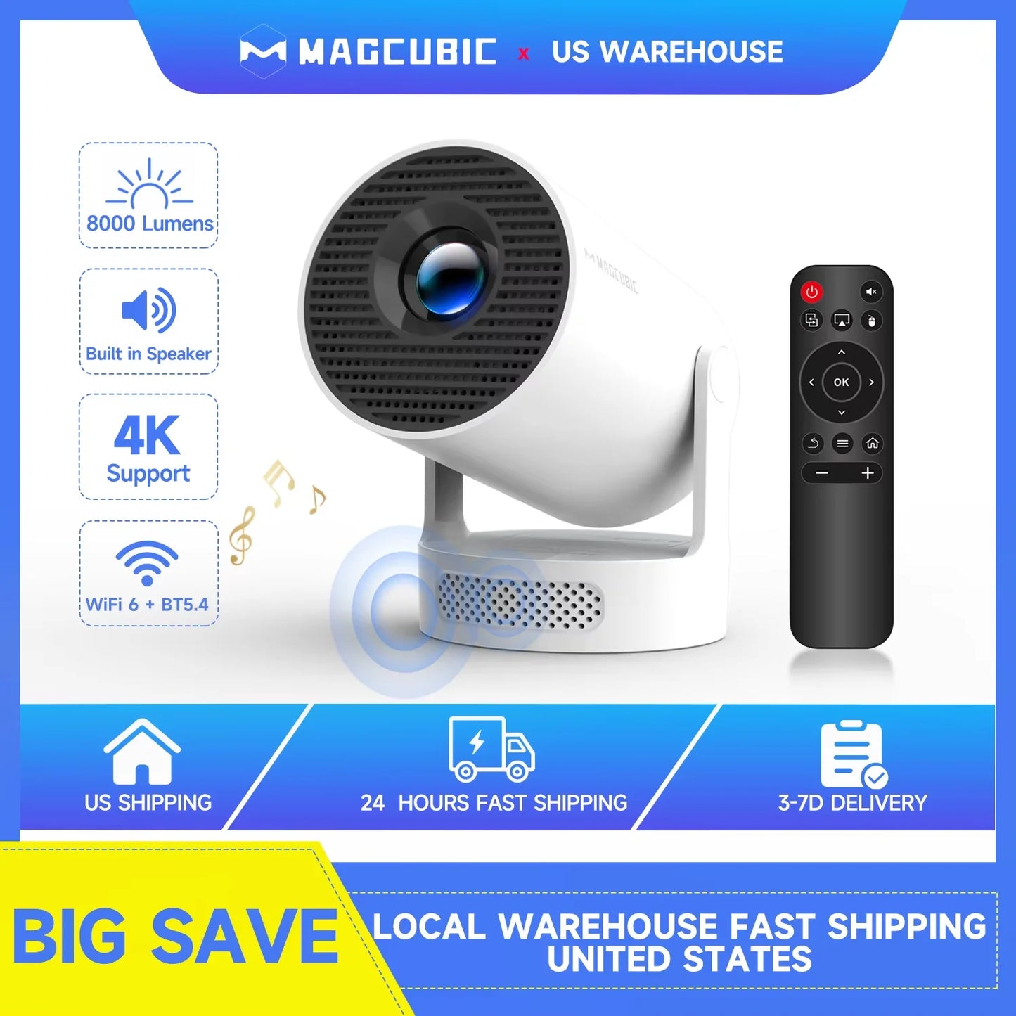 Magcubic HY300 Pro+ Projector – 4K 720P, 5W Speaker, Android 11, 8000 Lumens, WiFi6 & BT5.4 for Home & Outdoor