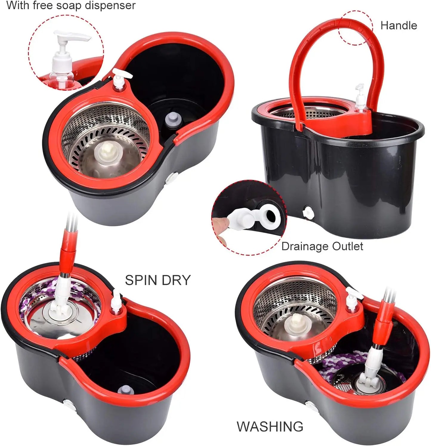 360° Spin Mop & Bucket Set – Wring System with 3 Microfiber Heads, Stainless Steel Basket & 61″ Extended Handle