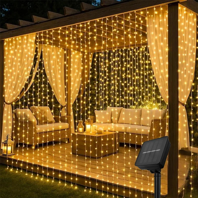 Outdoor Solar Curtain Lights – 3x3M 300LED Garland with 8 Modes for Holiday, Halloween & Christmas Decor