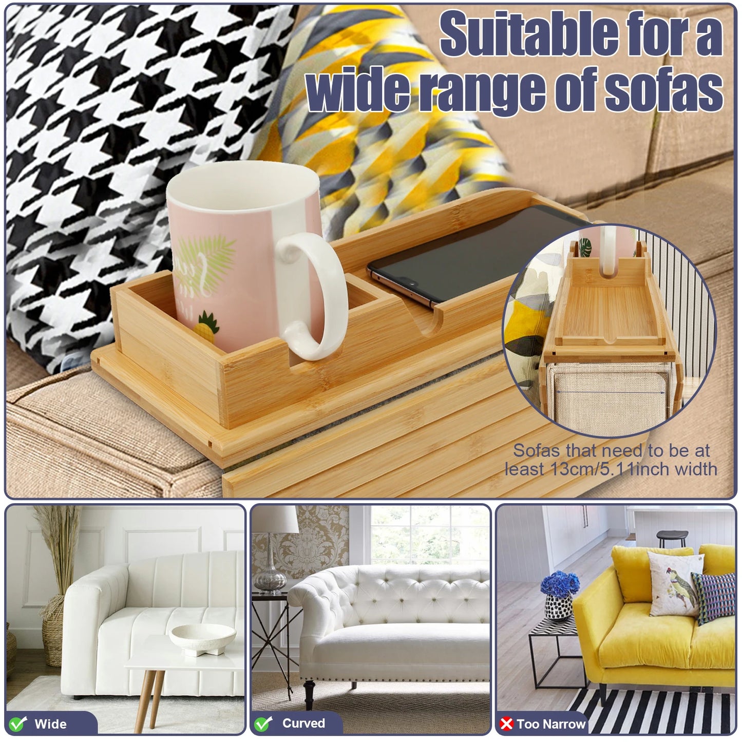 Bamboo Sofa Armrest Tray with Cup Holder – Foldable Anti-Slip Couch Side Storage Tray