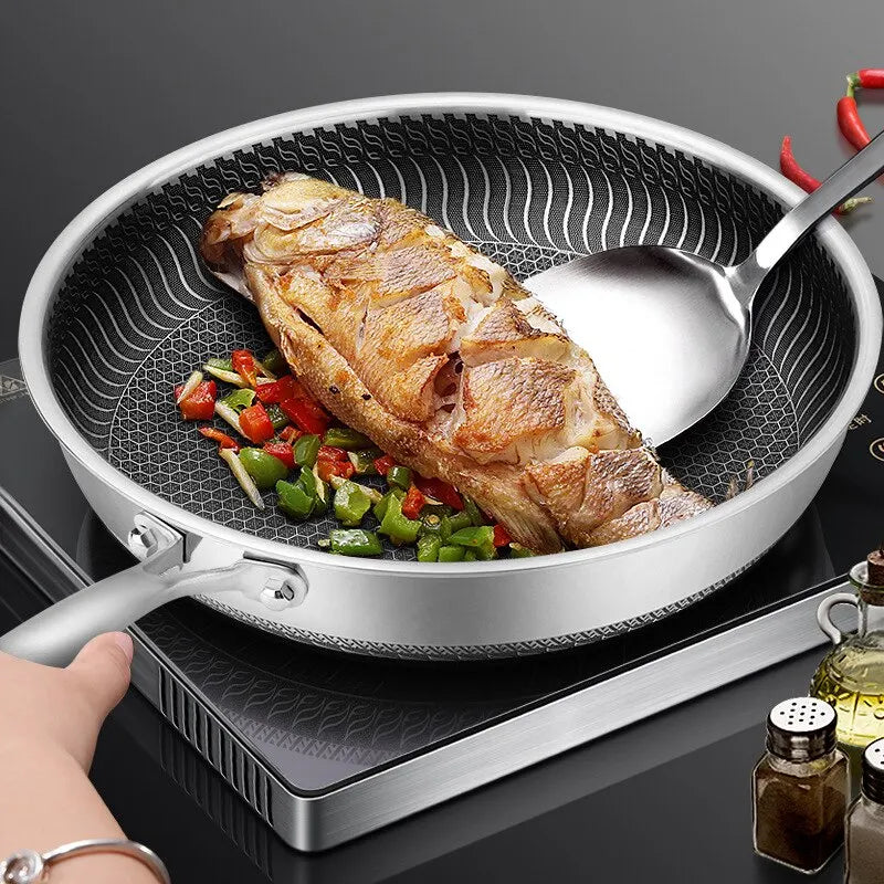 Tri-Ply Stainless Steel Frying Pan – 316 Wok with Double-Sided Honeycomb Skillet, All Stove Compatible