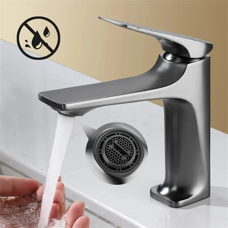 Modern Brass Core Bathroom Sink Faucet – Single Handle Deck-Mounted Hot & Cold Water Mixer