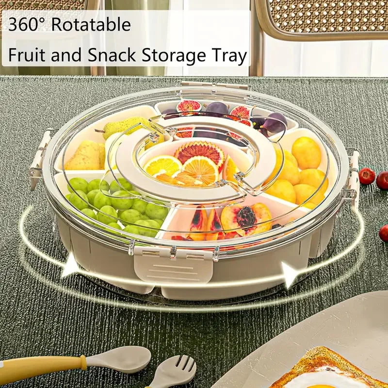 Divided Rotating Serving Tray – Portable Snack Box with Lid & Handle for Fruits, Snacks & Veggies