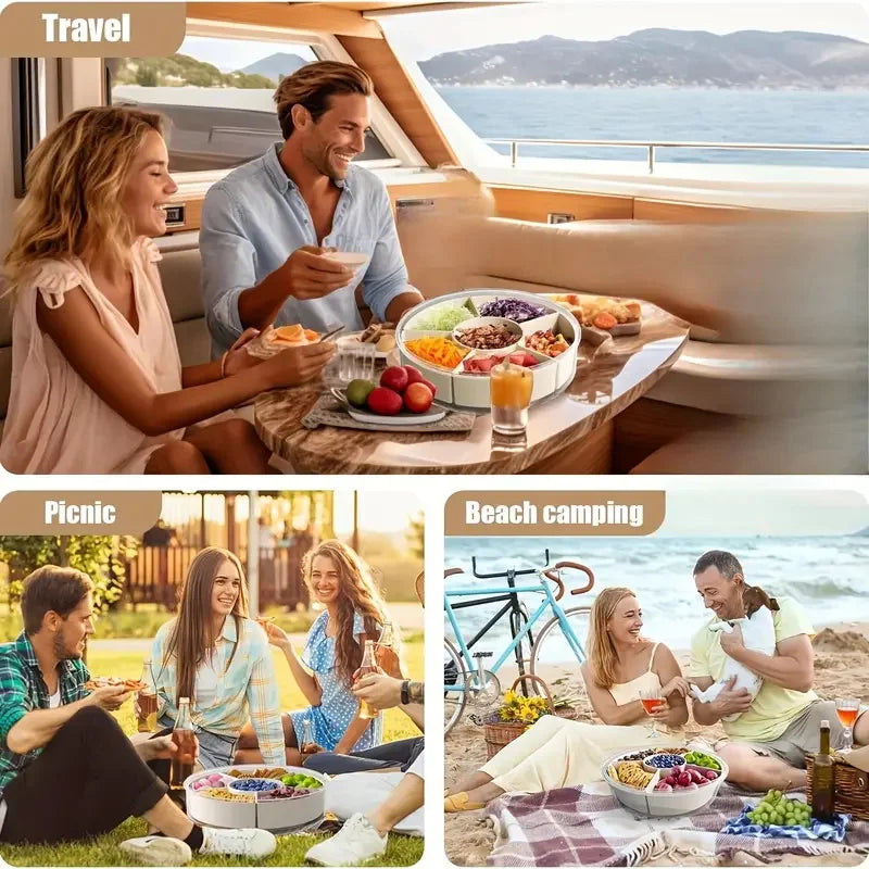 Divided Rotating Serving Tray – Portable Snack Box with Lid & Handle for Fruits, Snacks & Veggies