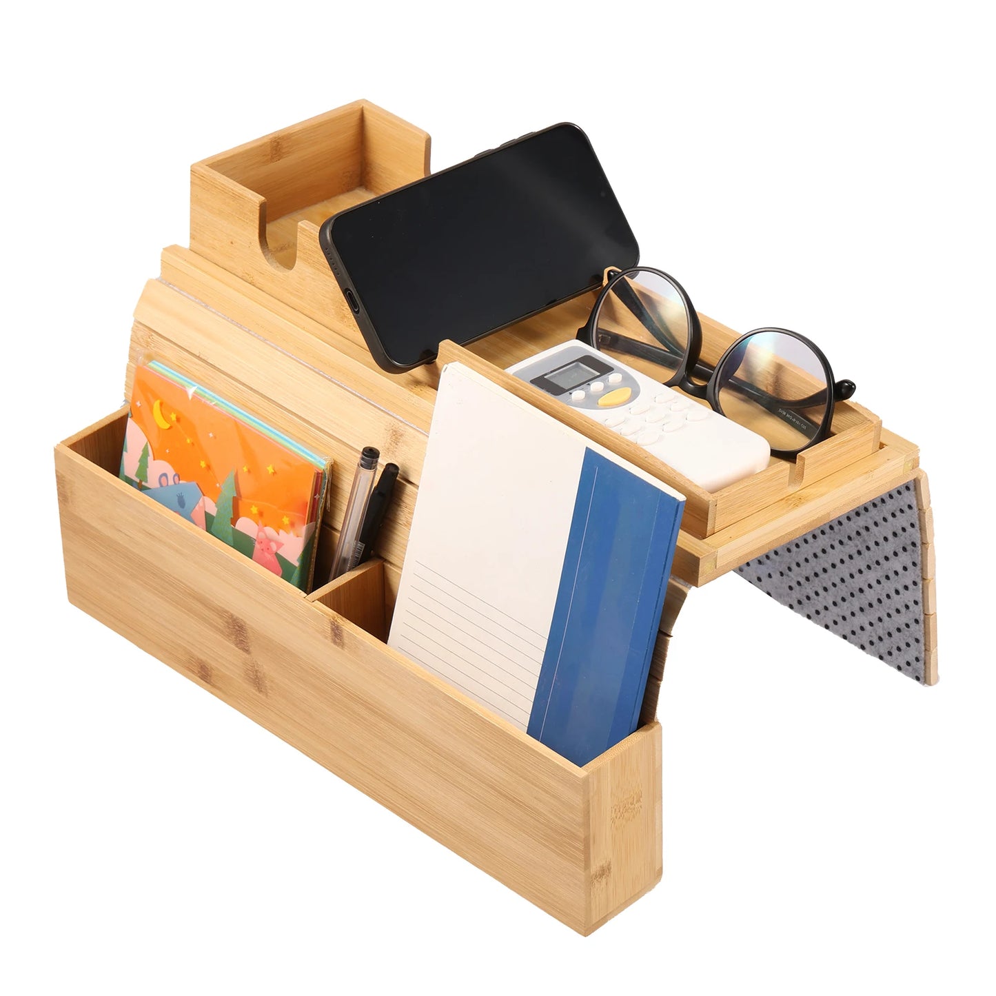 Bamboo Sofa Armrest Tray with Cup Holder – Foldable Anti-Slip Couch Side Storage Tray