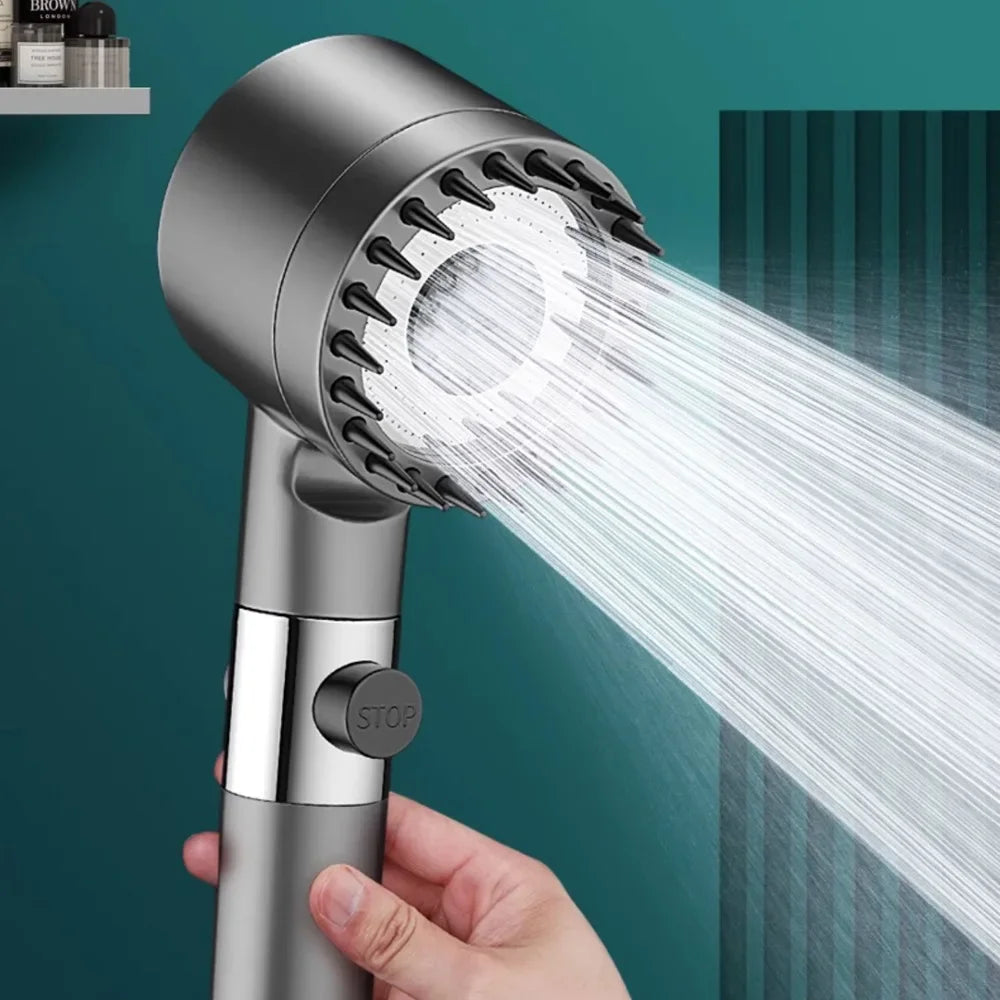 High-Pressure Filter Shower Head – 3-Mode Adjustable Spray with Massage Brush for Bathroom