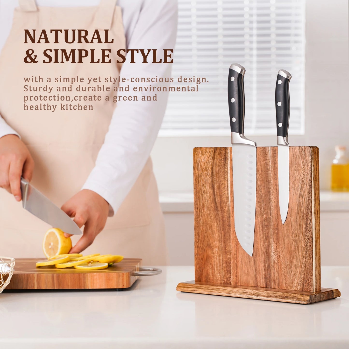 Acacia Wood Magnetic Knife Block – Strong Magnet Knife Holder Stand for Kitchen