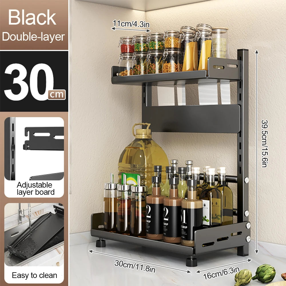 3-Tier Spice Storage Rack – Adjustable Countertop & Cabinet Organizer, Metal Shelf (Black)