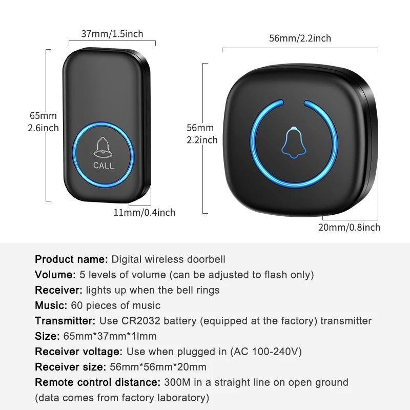 Wireless Smart Doorbell – 300M Long Range Home Door Chime with 60 Melodies