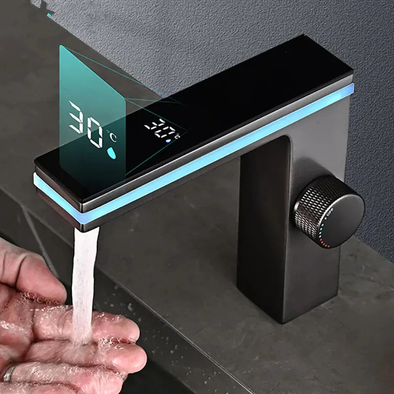 Digital Display Bathroom Basin Faucet – Intelligent LED Brass Deck-Mounted Hot & Cold Water Mixer Vanity Tap