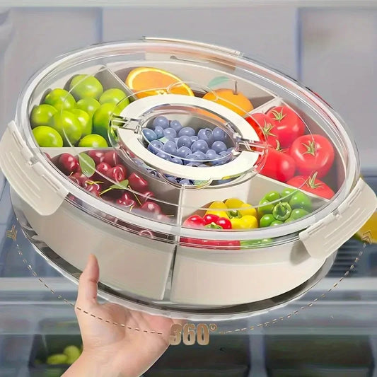 Divided Rotating Serving Tray – Portable Snack Box with Lid & Handle for Fruits, Snacks & Veggies