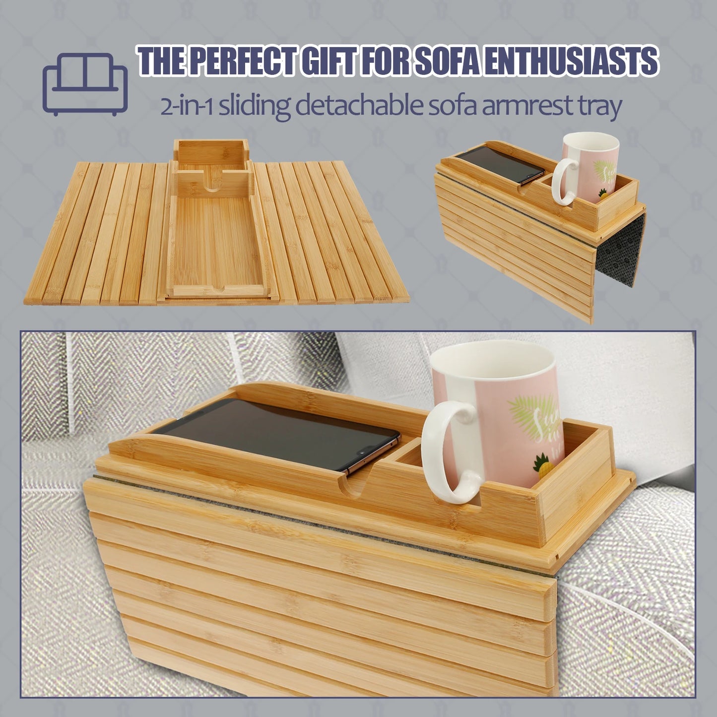 Bamboo Sofa Armrest Tray with Cup Holder – Foldable Anti-Slip Couch Side Storage Tray
