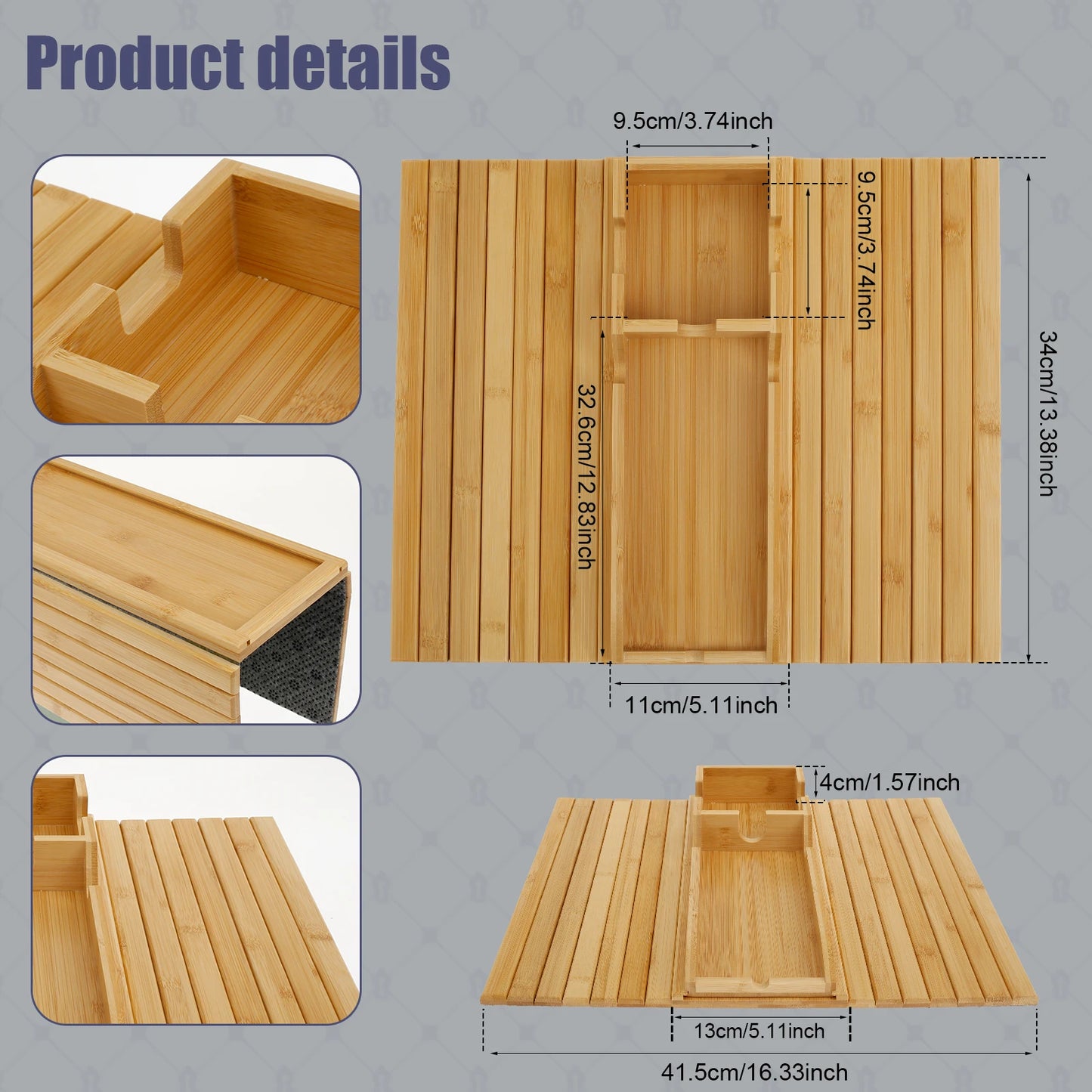 Bamboo Sofa Armrest Tray with Cup Holder – Foldable Anti-Slip Couch Side Storage Tray