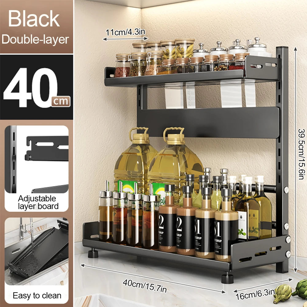 3-Tier Spice Storage Rack – Adjustable Countertop & Cabinet Organizer, Metal Shelf (Black)