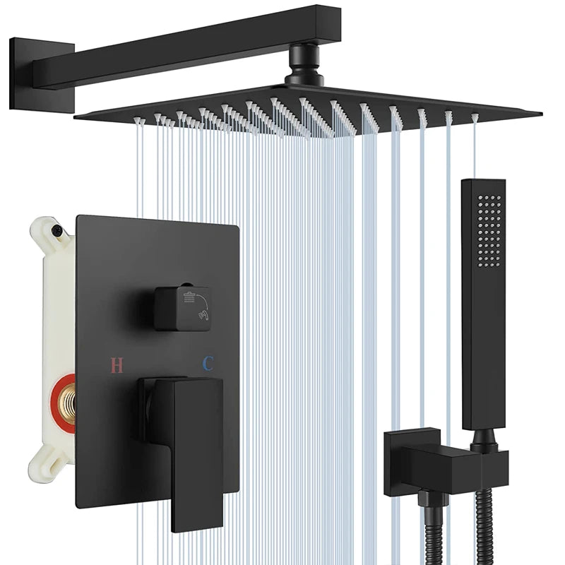 Black Concealed Shower System – Rainfall Waterfall Bathroom Faucet Set with Tub Spout