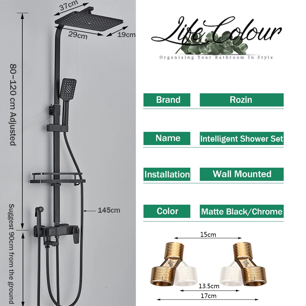 Black Digital Display Thermostatic Shower Faucet – 4-Way Rainfall Shower Mixer with Shelf & Bidet Faucets