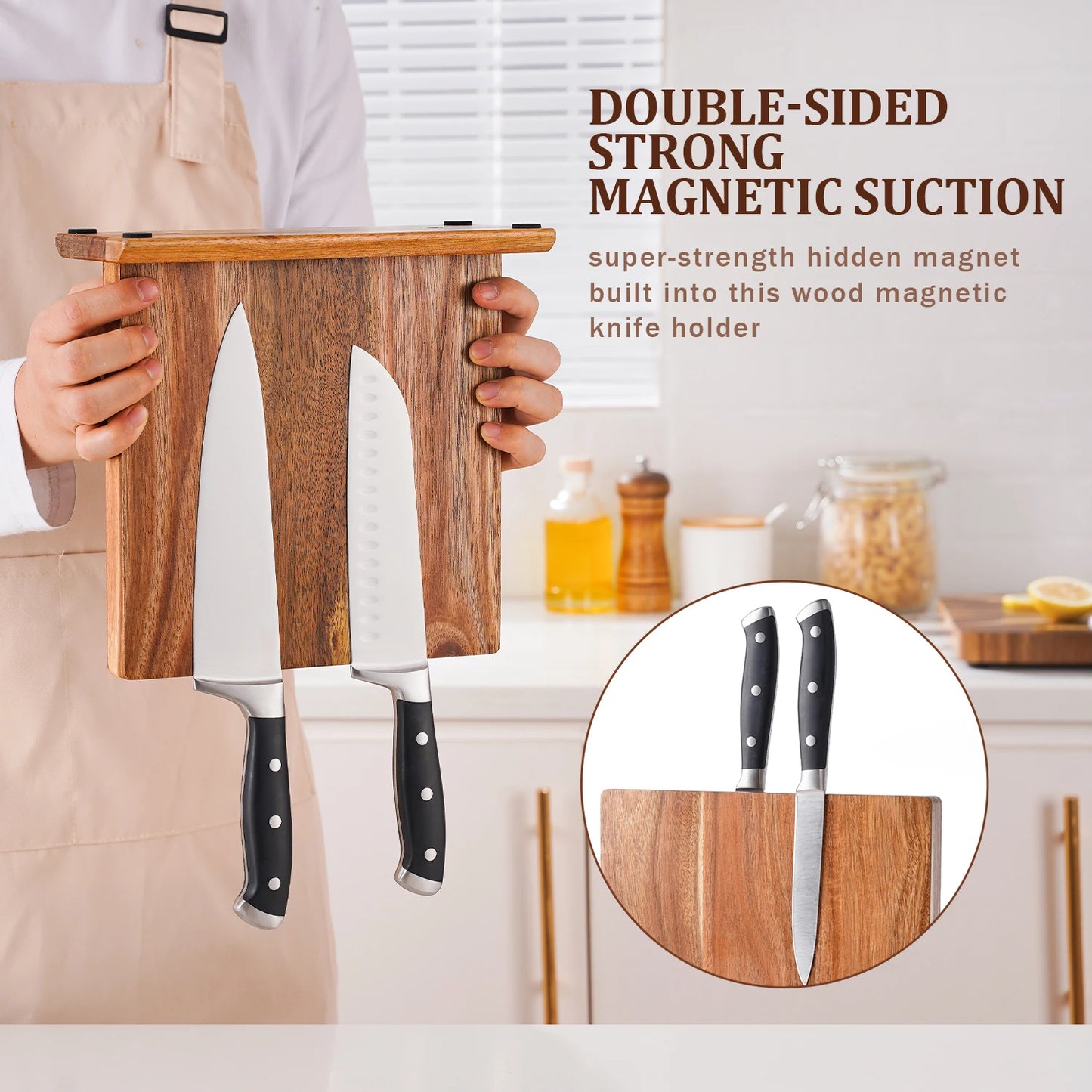 Acacia Wood Magnetic Knife Block – Strong Magnet Knife Holder Stand for Kitchen