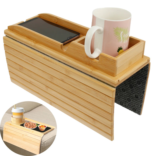 Bamboo Sofa Armrest Tray with Cup Holder – Foldable Anti-Slip Couch Side Storage Tray