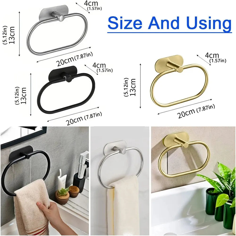 Stainless Steel Towel Holder – Self-Adhesive Bathroom & Kitchen Rack, Black Ring Rail Bar