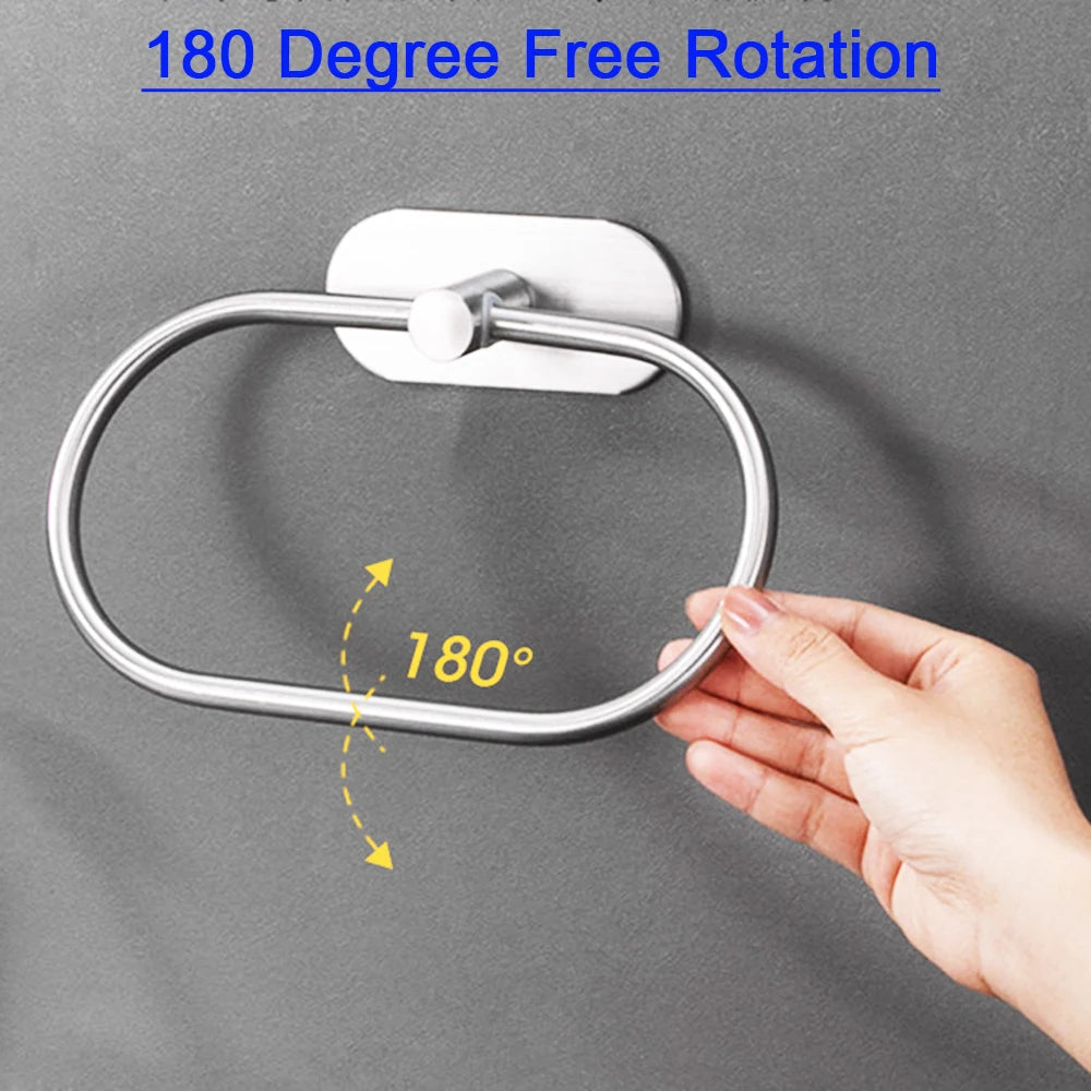 Stainless Steel Towel Holder – Self-Adhesive Bathroom & Kitchen Rack, Black Ring Rail Bar
